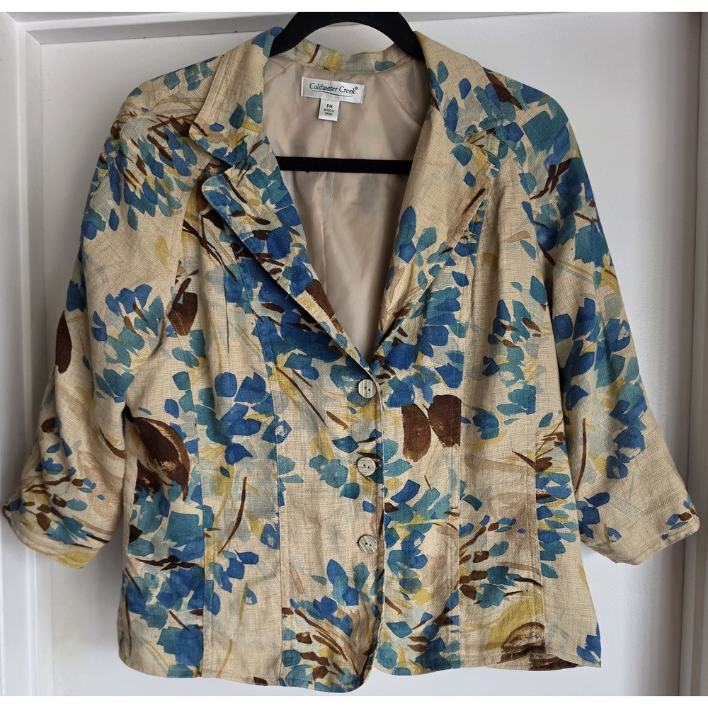 Coldwater Creek Blazer PM Floral Linen Blend 3/4 Sleeve Petite Jacket Coat